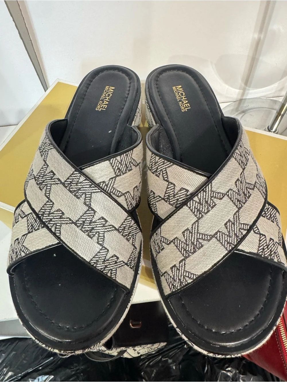 Michael Kors Black & Cream Monogram Crisscross Slide Sandals